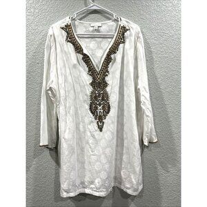 Charter Club Tunic Top Womens 2X White Embroidered Beaded Floral Burnout Boho